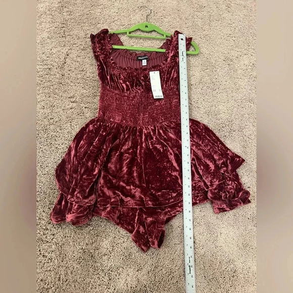 NWT new Urban Outfitters velvet romper SMALL red wine ruffle strap smocked dress - Picture 17 of 17